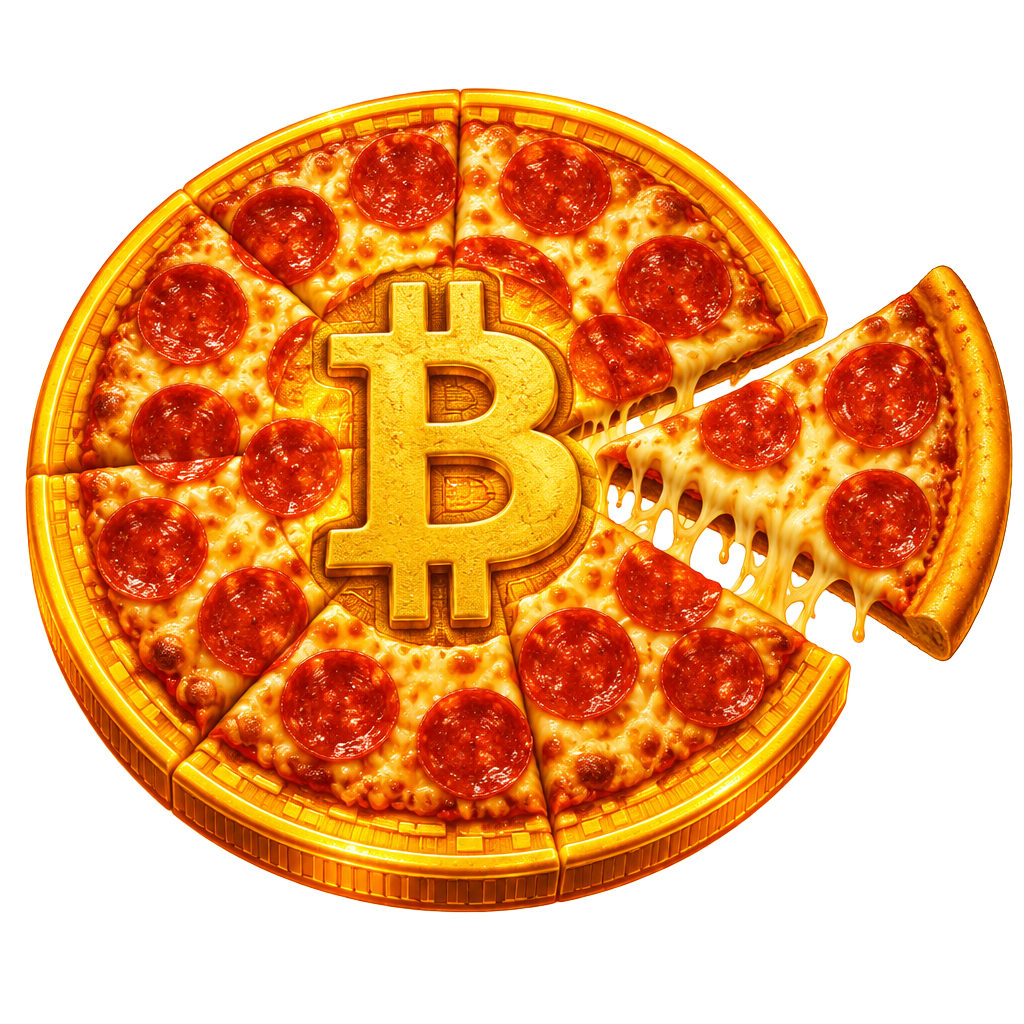 A golden Bitcoin coin shaped like a sliced pepperoni pizza